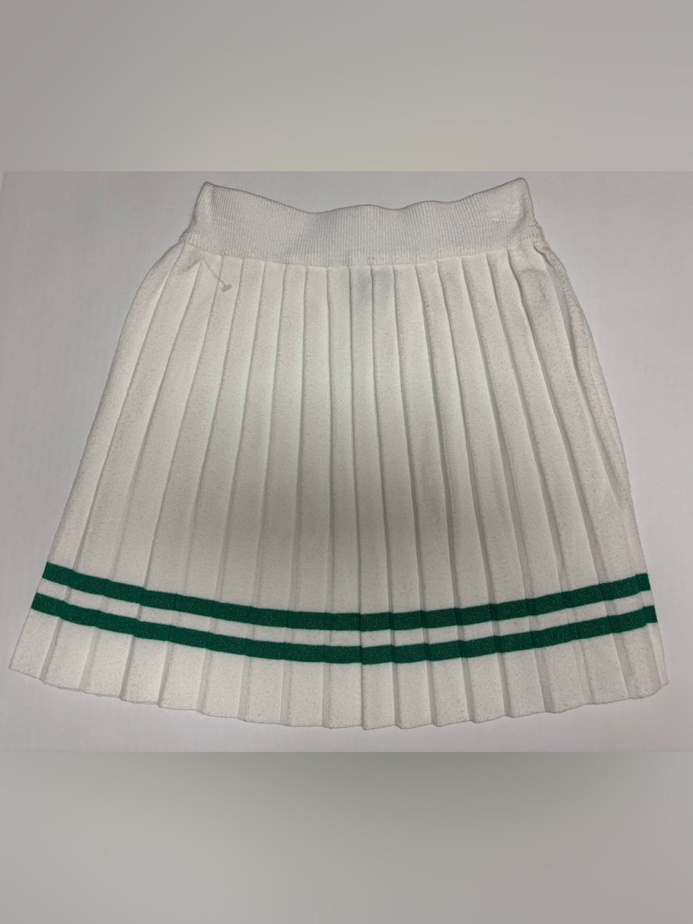 White Pleated Mini Skirt with Green Stripes